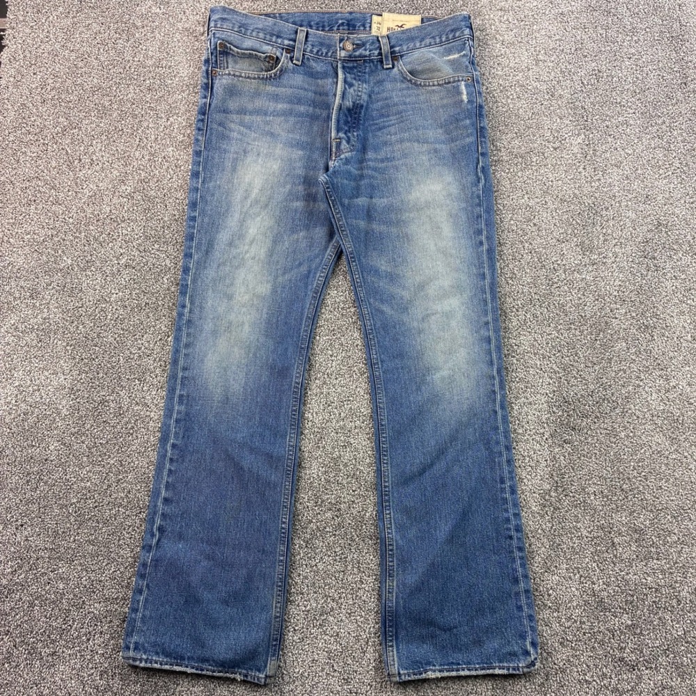Hollister Jeans Mens 34x32 Blue Cotton Straight Leg Button Fly Medium Wash Faded
